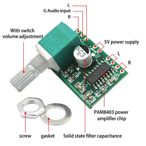 PAM8403 Audio Board with 2*3W Power 5V USB-Powered Digital Amplifier Module for High-Fidelity Sound