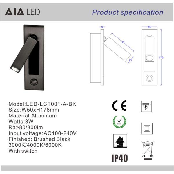 Recessed mounted bedside reading light led reading wall light 3W rotate bedroom headboard wall light for hotel