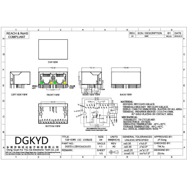 DGKYD112B002AA2A1D3 Rj45 Socket 1x2 Port 8P8C 100M Integrated Filter Connector Shielded Socket With LED Light