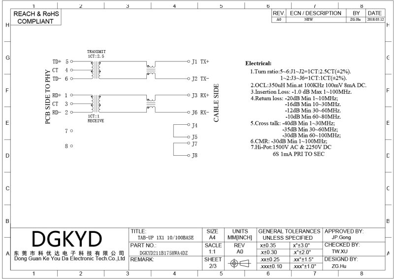 RJ45 interface 10/100 Base-T integrated magnetic lightless strip shielding DGKYD211B175HWA4DZ