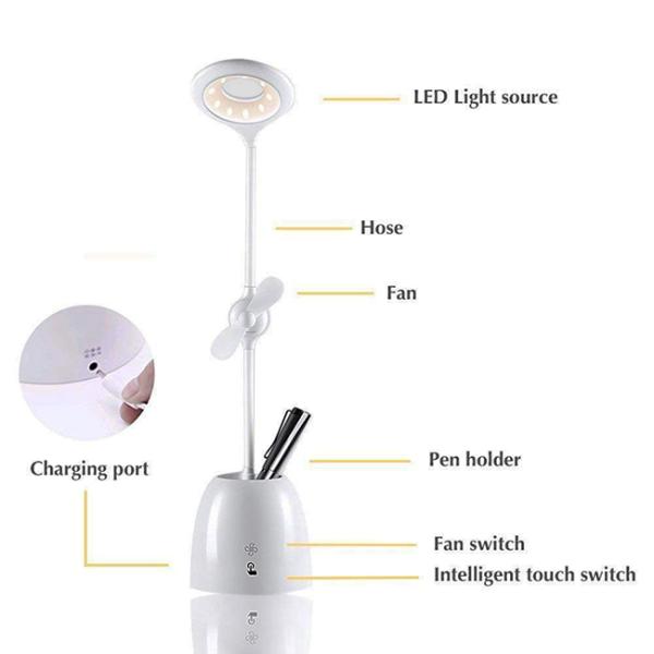 White Stepless Brightness Smart LED Table Lamp With Fan And Pen Holder Environmental Friendly