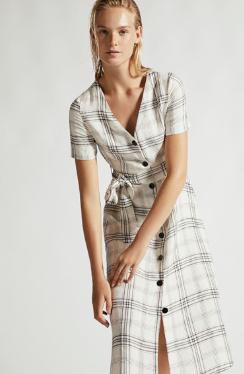 Summer Clothing Women V Neck Midi Checked Linen Dress