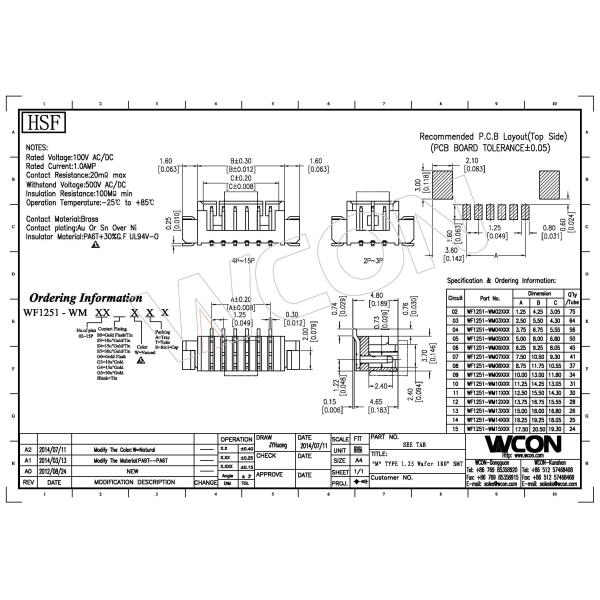 Wafer Connector 1.25mm Pitch 02~15P 1.0AMP 180° SMT PCB Connectors