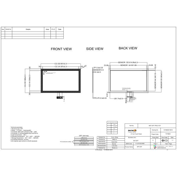 27 Inch Crashproof Glass ITO Film Touch Panel GFF Projected Capacitive Touch Panel