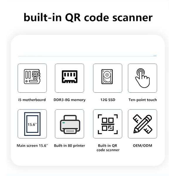 15.6" Self-Service POS Machine with Win 10 Operation System Touch Screen Scanner Printer NFC QR Code Reader