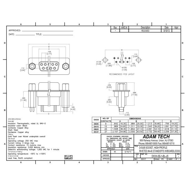 DE09-SE-1-BL-JS 9 Position D-Sub Receptacle, Female Sockets Connector