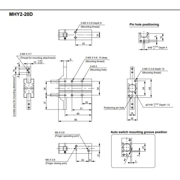 MHY2-20D 180° Angular Gripper Pneumatic Air Cylinders SMC Double Acting