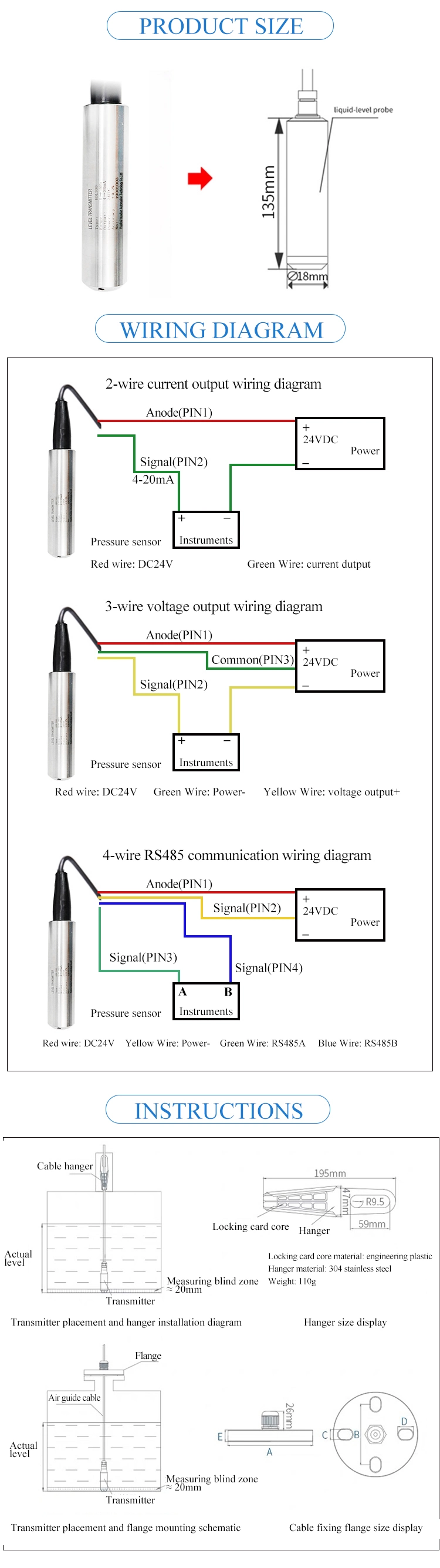 20 Meter 4-20mA Hydrostatic Water Tank Level Transmitter for Underground Well Depth