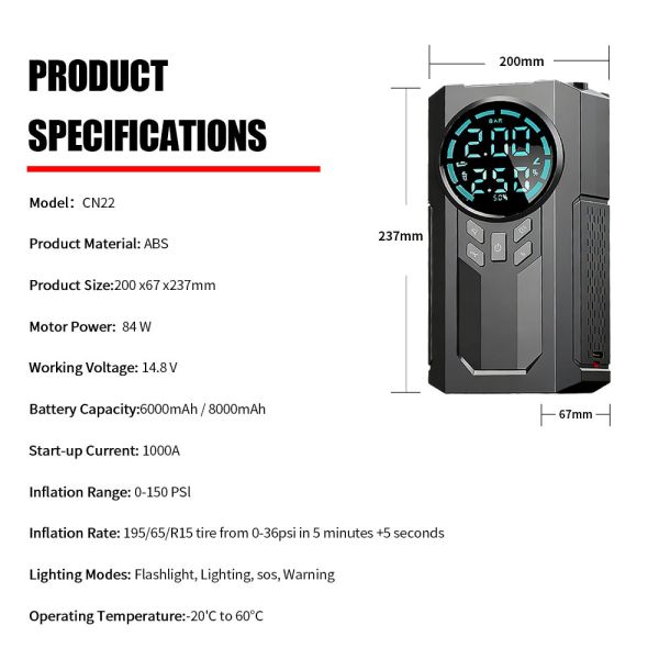 Multi Function Jump Starter Pack With Tyre Inflator 150 PSI Mini Car Air Pump Compressor Tire Pump