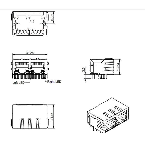 1000BASE-T non-PoE Tab Down RJ45 Jack RJ45 LAN Transformer 74991214400