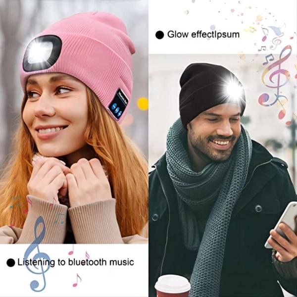 Bluetooth Beanie Hat Video Camera with Light, USB Rechargeable 4 LED Headlamp Cap Wireless Headphones for Skiing,Running