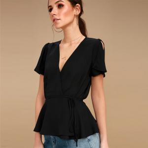 Wholesale Modesty V Neck Fashion Black Women Top With Plunging Neckline from china suppliers