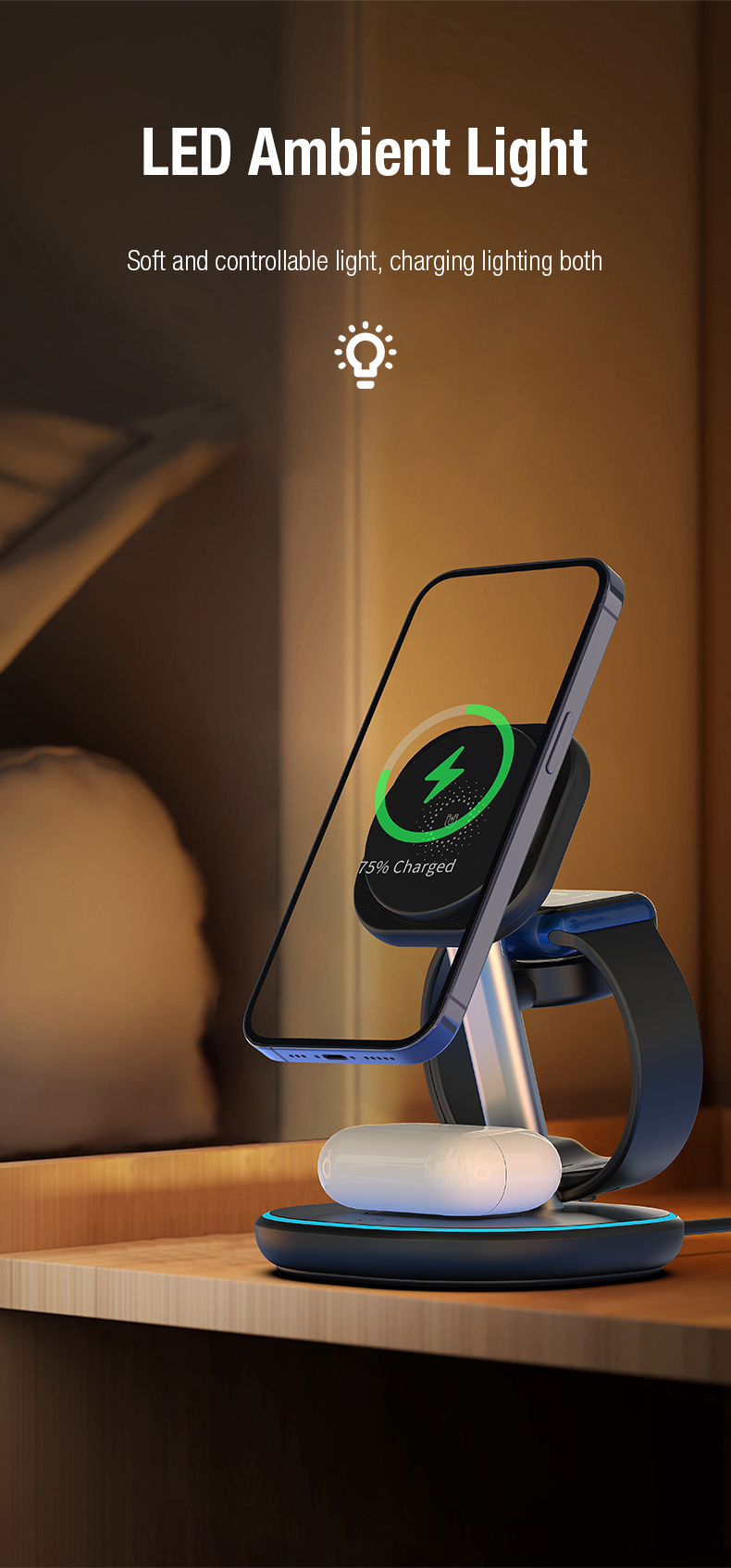 Custom Logo Multifunctional 3 In 1 Wireless Charger Station Stand Qi 15W Fast Charging