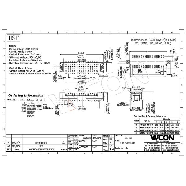 1.25mm SMT Wafer Printed Circuit Board Connectors 40 Pin Header