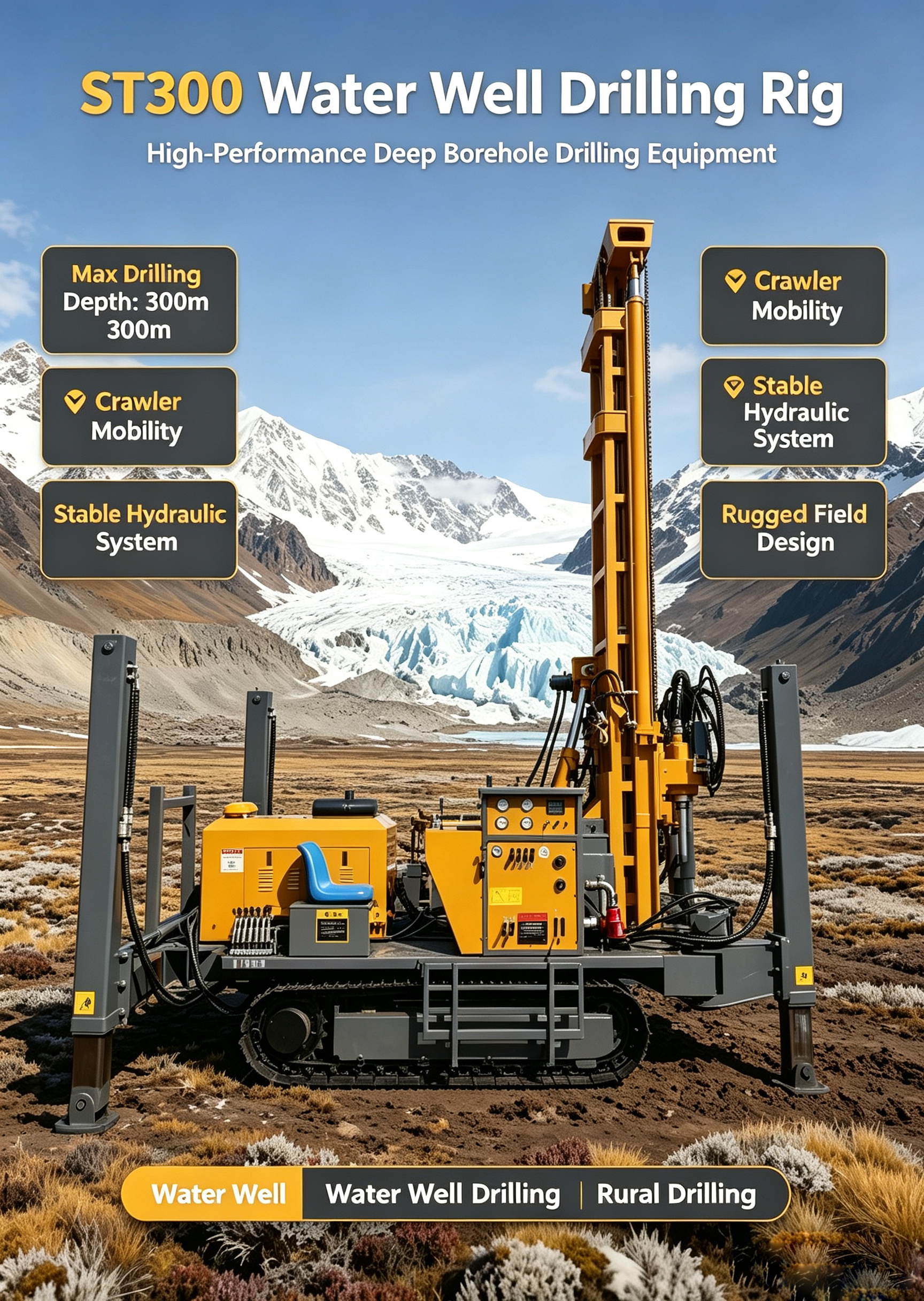 Crawler Mobile Full Hydraulic Control Pneumatic Drilling Rig 300m Depth For Mountain Farm Irrigation