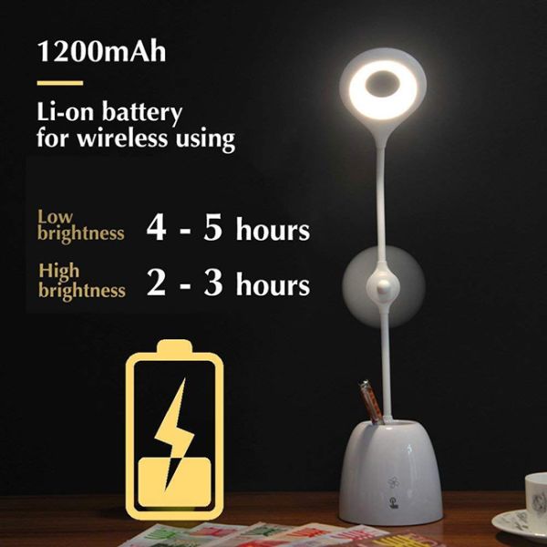White Stepless Brightness Smart LED Table Lamp With Fan And Pen Holder Environmental Friendly