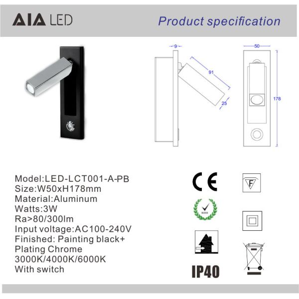 Recessed mounted bedside reading light led reading wall light 3W rotate bedroom headboard wall light for hotel