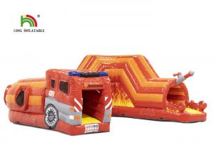 China PVC 0.55mm 21ft Red Fire Truck Inflatable Obstacle Course For Kids on sale