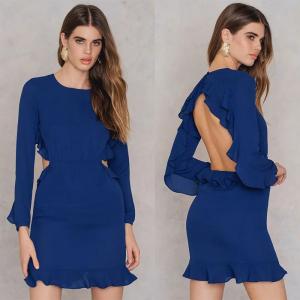 China Latest Ruffle Open Back Design Blue Formal Dresses Women on sale