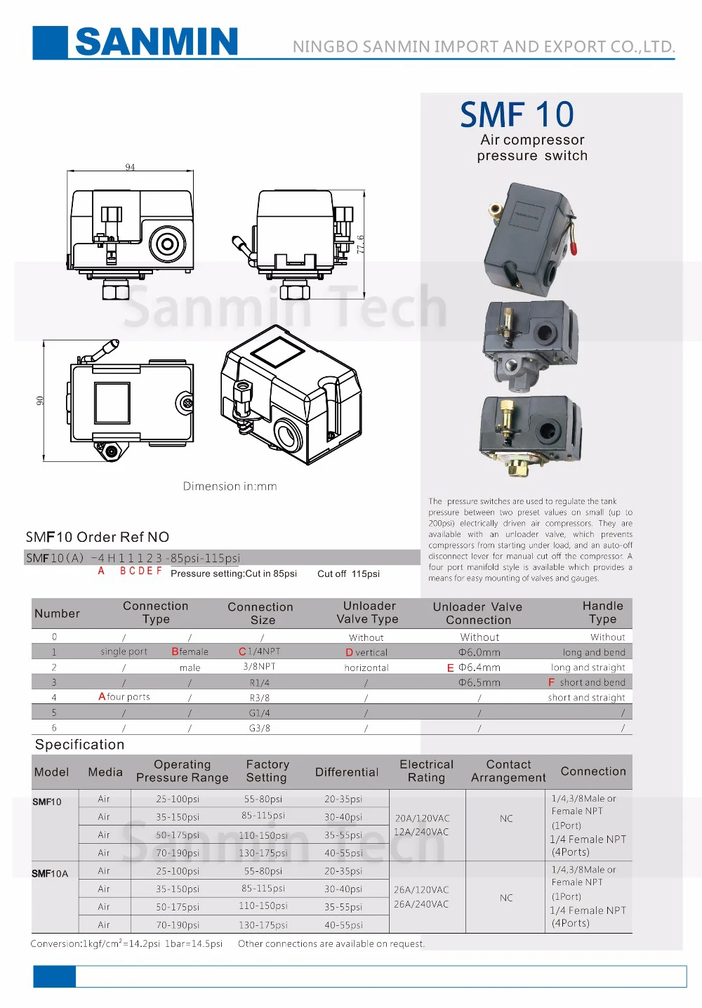 SMF 10 1/4 G NPT Air Compressor Pressure Switch For Easy Mounting Of Valve And Gauges Air Pressure Switch NBSANMINSE