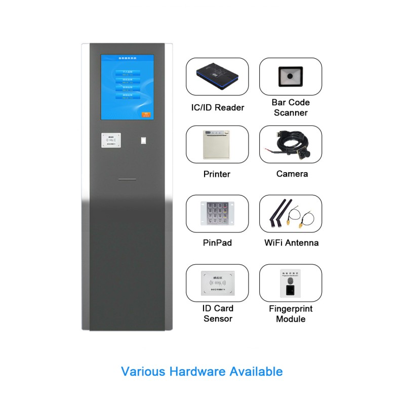 19/21.5 Inch Self-Service Queue Management Kiosk with Floor Standing LCD Display and Printer for Restaurants and Banks