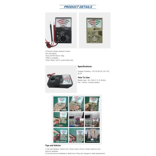 CE Certified Multi-Voltage Support Battery Tester with Customizable Color for AA AAA C D N Button Cell