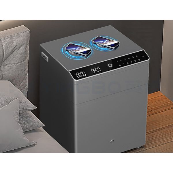 Multi functional small smart safe for nightstand supporting fingerprint access passcode entry and emergency key override