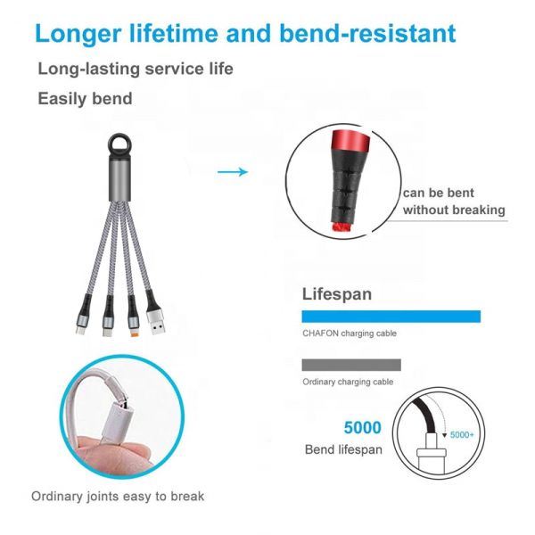 2.4A USB Charger Cable 14cm Fast Charging Nylon Braided 3 in 1 Keychain Data Cable