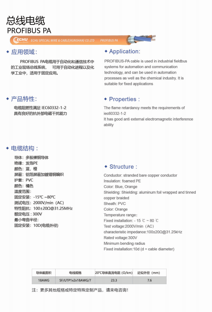 ECHU PROFIBUS PA CABLE, ECHU Data Cable, ECHU Ethernet Cable