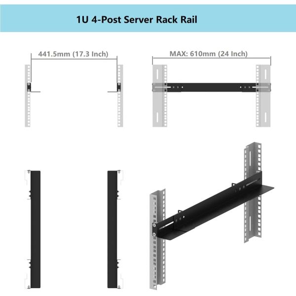 Black Powder Coated Universal 4 Post Mount Rails for Network Equipment Server Rail Kit