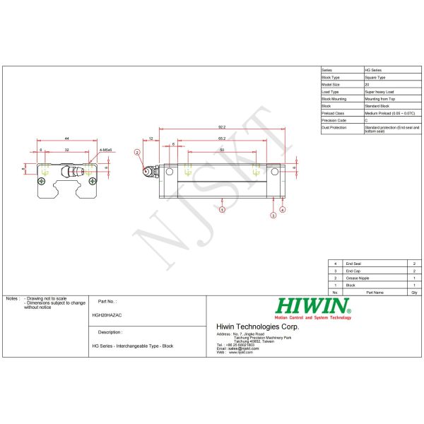 HIWIN HGH20HA Linear Guideway Linear Block Bearing for NC Lathes