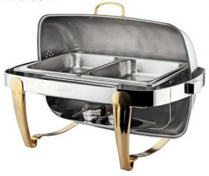 China Titanium Coating Oblong Chafing Dish Roll Top Lid Gold Legs and Handle 2-Compartment Stainless Steel Food Container on sale