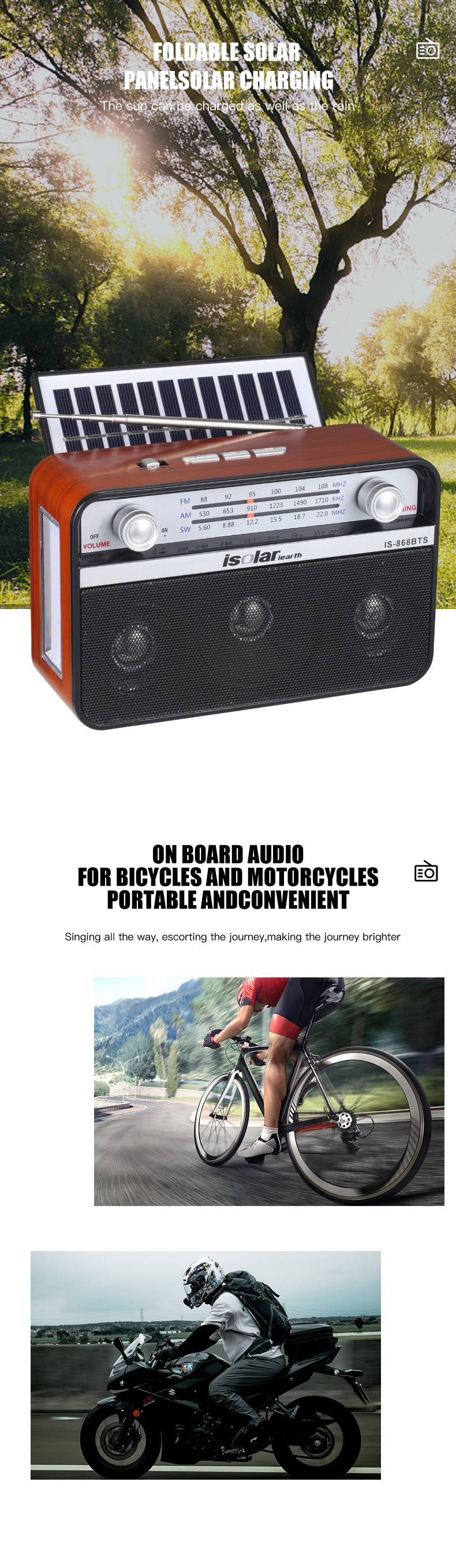 Solar Panel Charging Usb Tf Music Player Fm Am Sw 3 Band Radio with BT Popular in Southeast Asia and South America