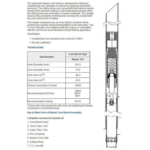 Mazier Core Barrel Sampler For Geotechnical Drill Soil Sample