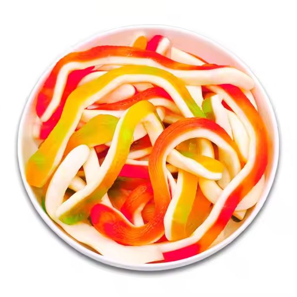Assorted fruit flavored gummy candies including bears and worms in multiple colors